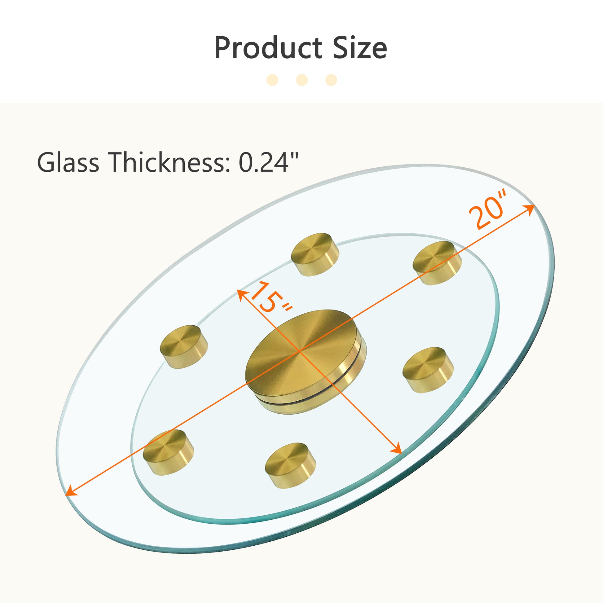 Double Layer Rotatable Round Glass.Golden Aluminum Plate,The Rotatable Design Makes It Convenient To Retrieve And Place Items.The Upper Glass Has A Diameter Of 20 Inches,The Lower Glass15 Inches.