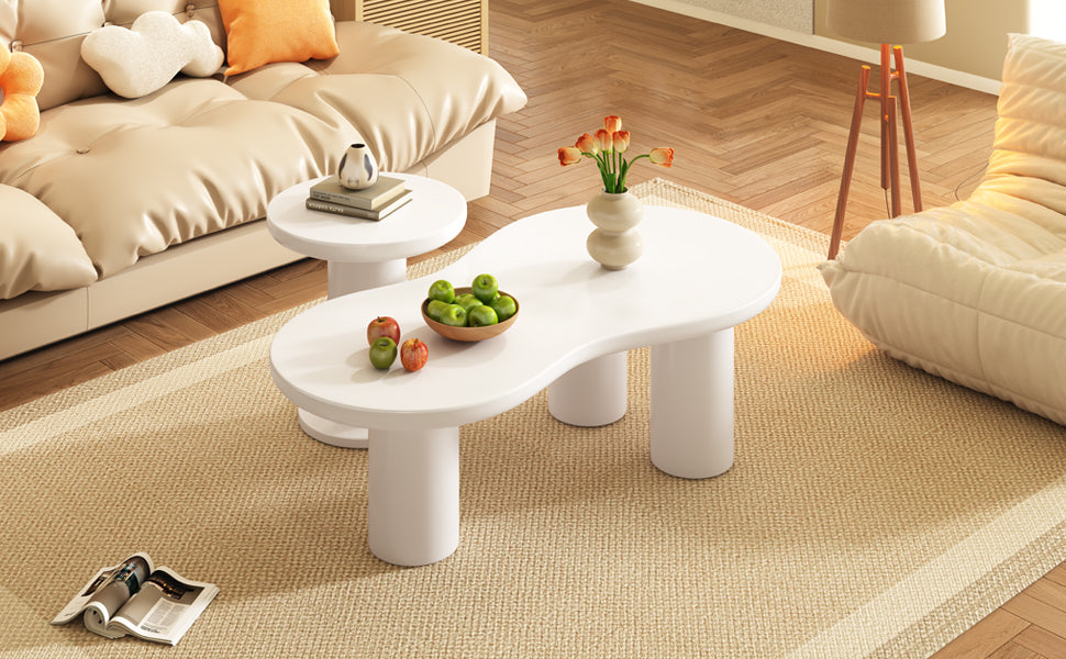 Easy Assembly Nesting Coffee Table Set Of 2, Cream Style Cloud Coffee Table With Round Small Side Table, Irregular Center Table With Thick Legs For Living Room, White, 39.3''X 13.7'', 15.7'' White