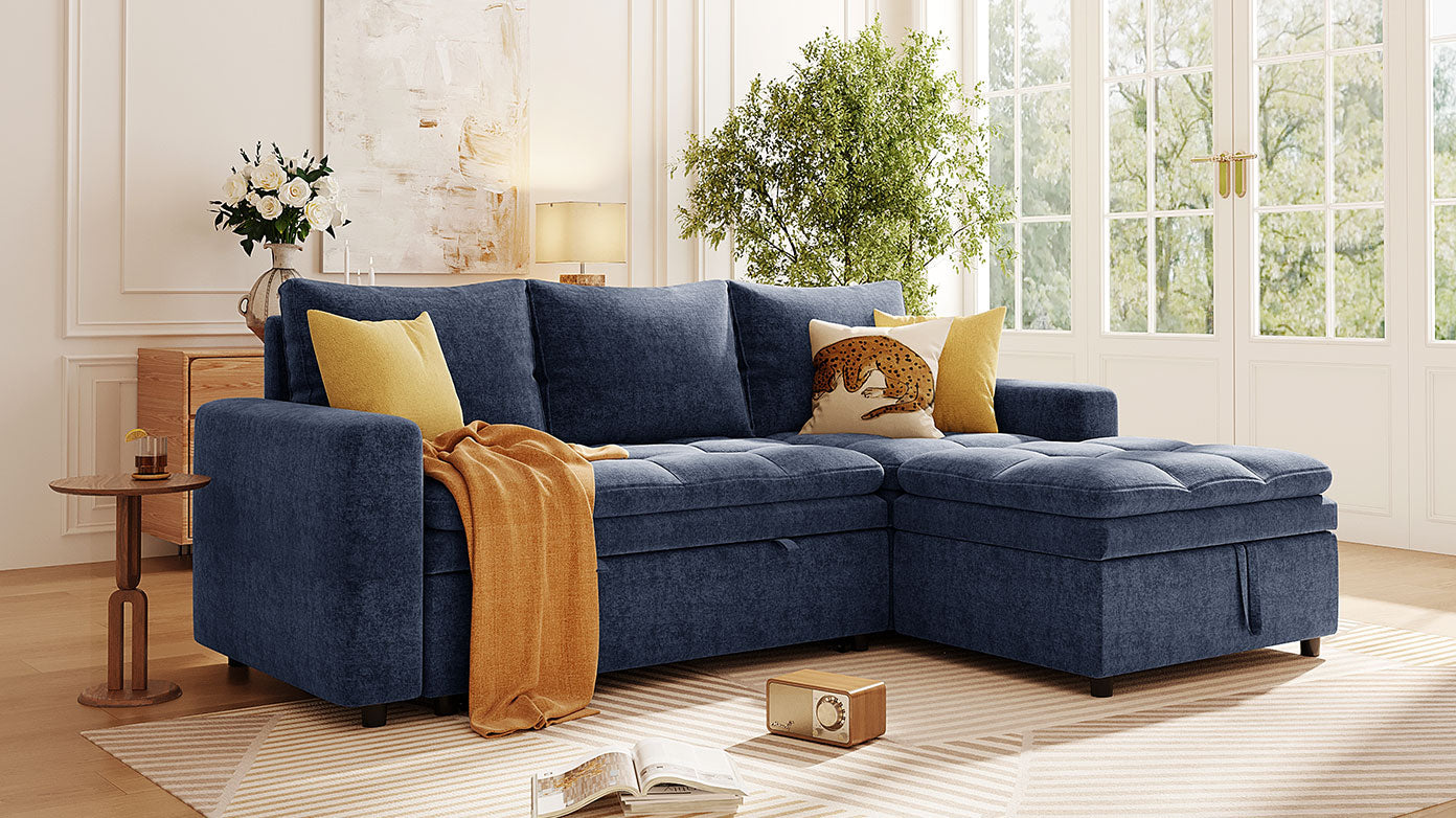 Soft Upholstered Sectional Sofa Bed With Storage Space, Suitable For Living Rooms And Apartments. Blue Wood Polyester 3 Seat