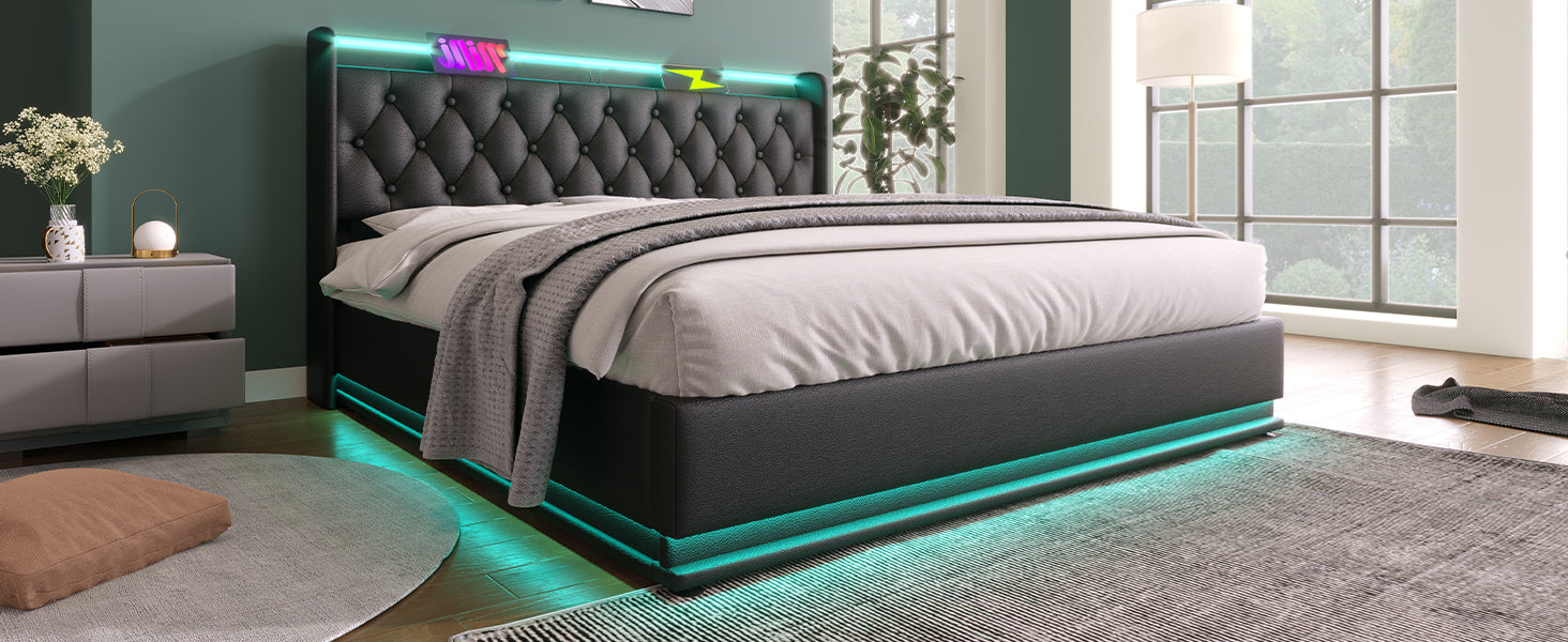 Full Size Upholstered Bed, 360 Surround Led Function, Buttons Apps Remote Control, Hydraulic Storage Bed With Usb Type C Charging, Black,Pu Without Mattress Full Black Pu
