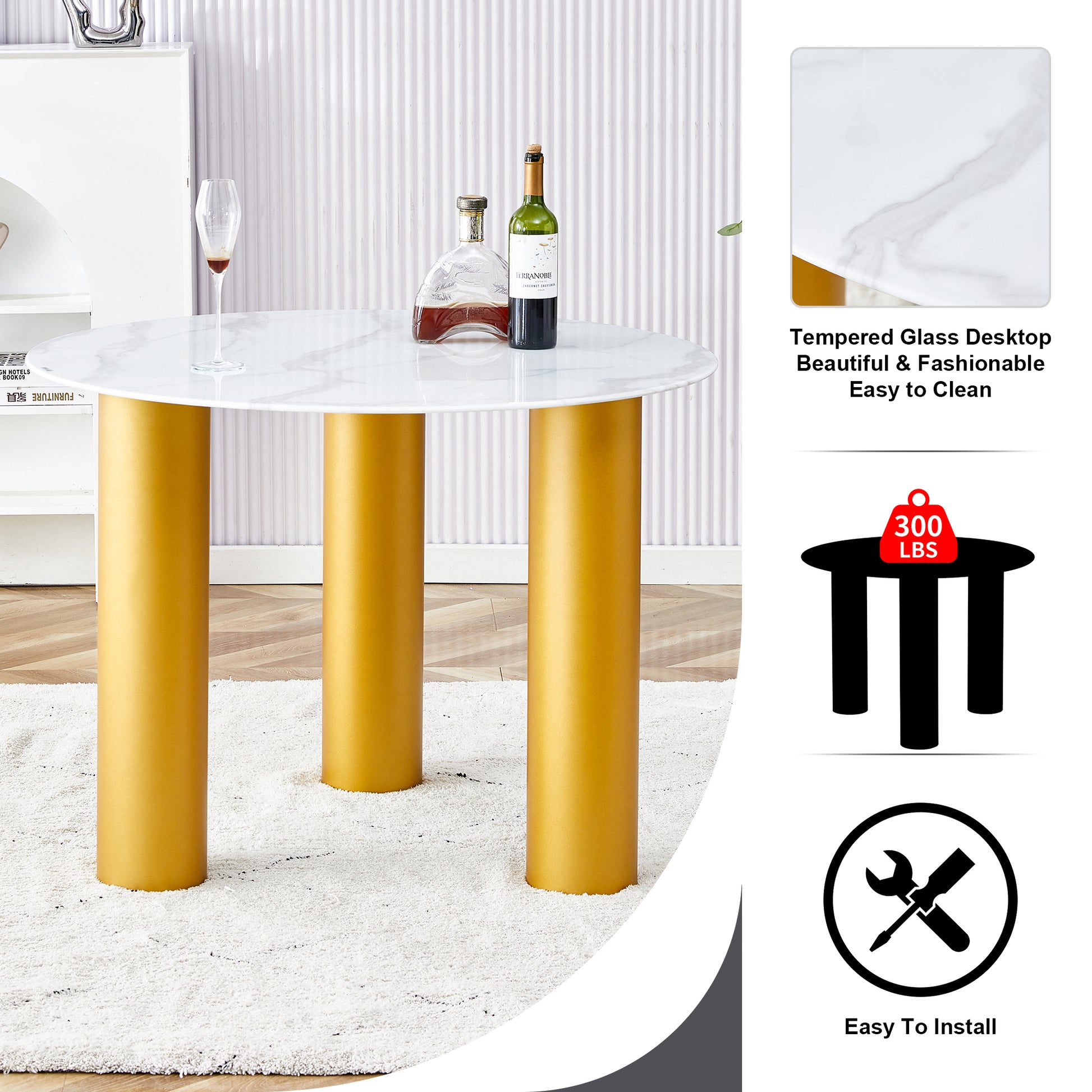 Table And Chair Set, Round Table With White Marble Pattern, Gold Mdf Table Legs, Soft And Comfortable Dining Chair, Suitable For Kitchen And Living Room White Mdf