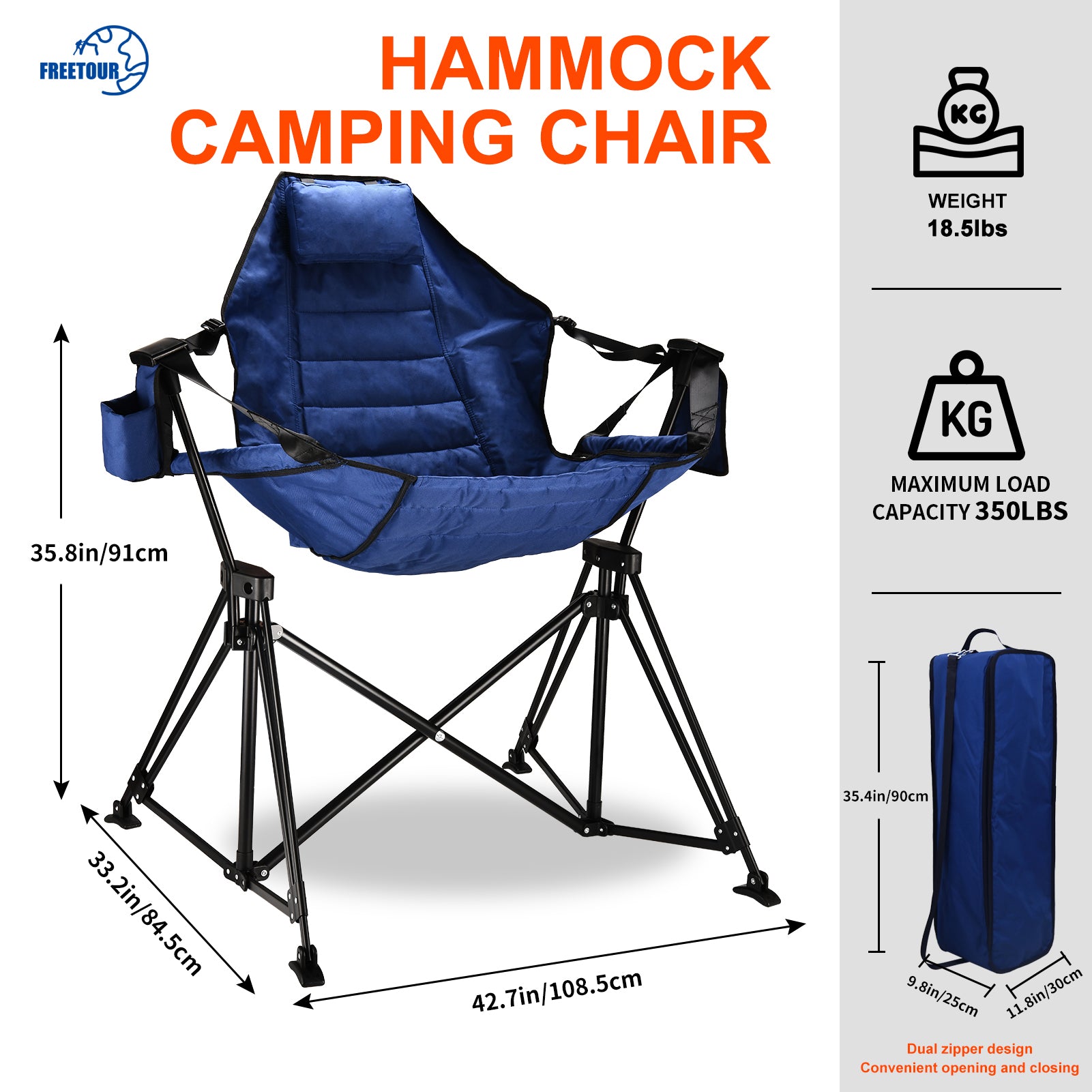 Hammock Camping Chair Folding 350 Lbs Foldable Portable Rocking Chairs For Adults Outside Swinging Camp With Stand Lawn Garden Hanging Outdoor Blue Iron