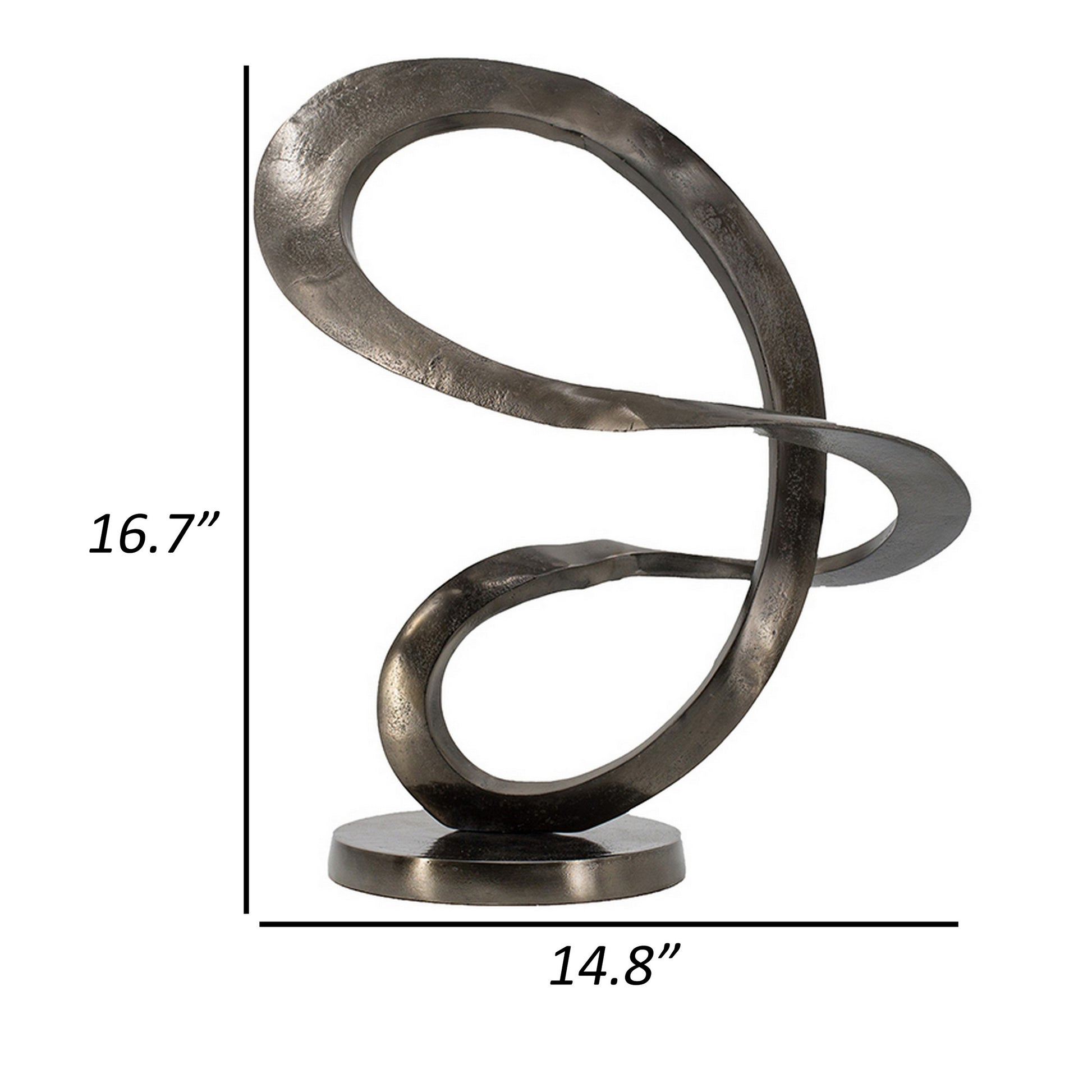 17 Inch Modern Sculpture, Black Aluminum, Tabletop Decor Loop, Round Base Black Aluminum