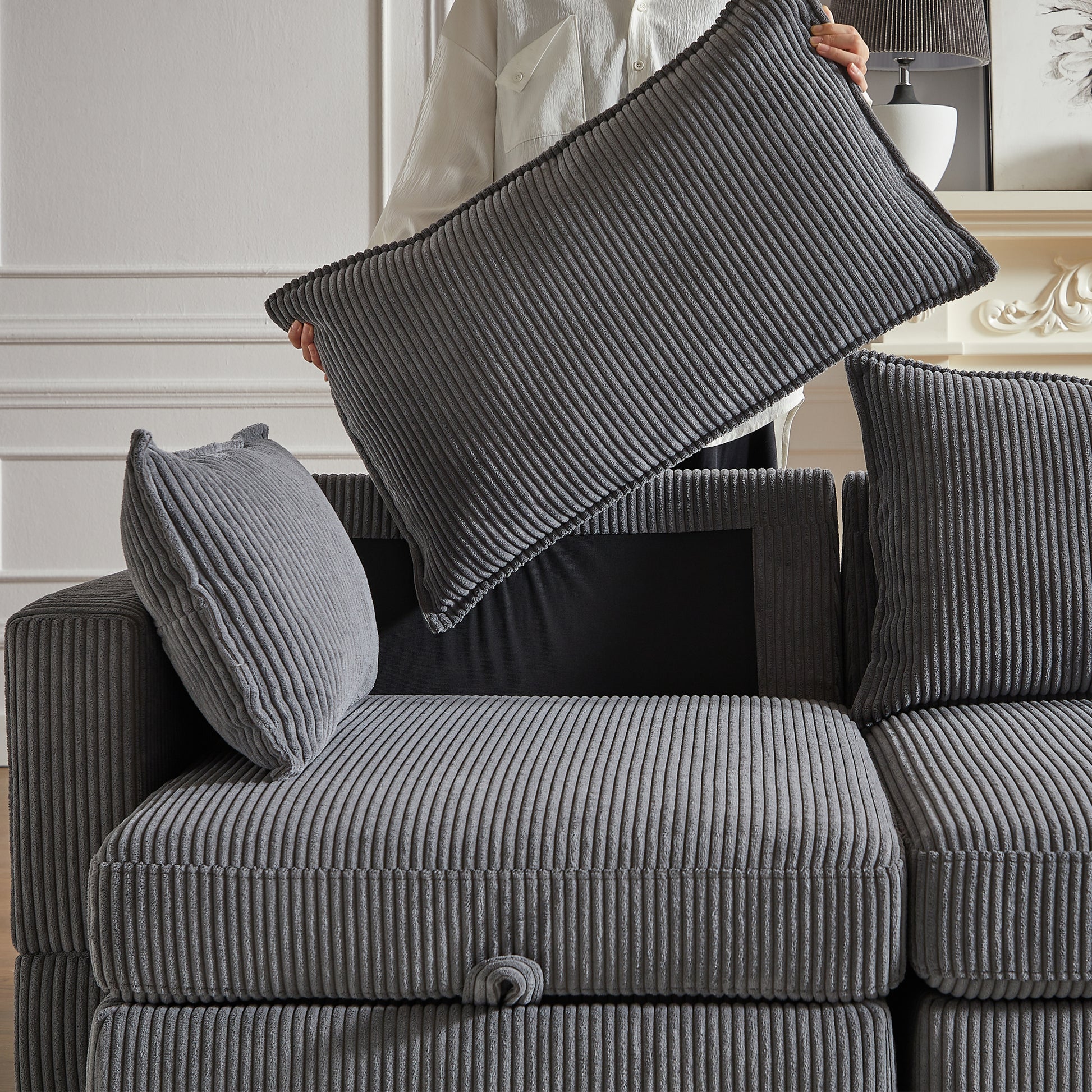 113.5'' Modular Sectiona Corduroy Sofa, Sectional Couches For Living Room U Shaped Sectional Couch With Storage Ottoman, 6 Seats Convertible Sectionals With Chaise Dark Gray Corduroy 6 Seat