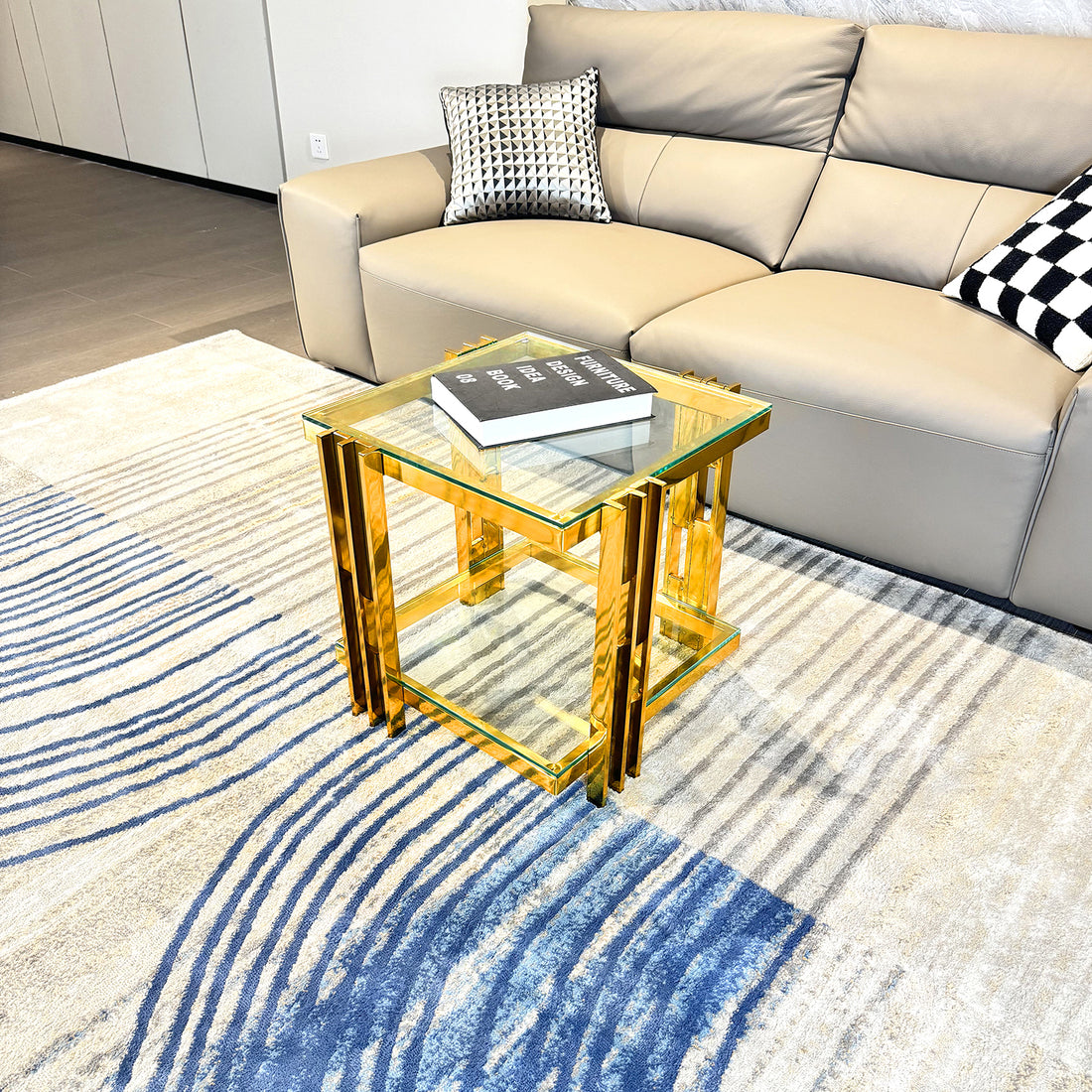 Golden Stainless Steel End Table, Double Layer, Clear Tempered Glass End Table, For Bed Room, Living Room Clear,Gold Modern Open Storage Rectangular Stainless Steel,Tempered Glass