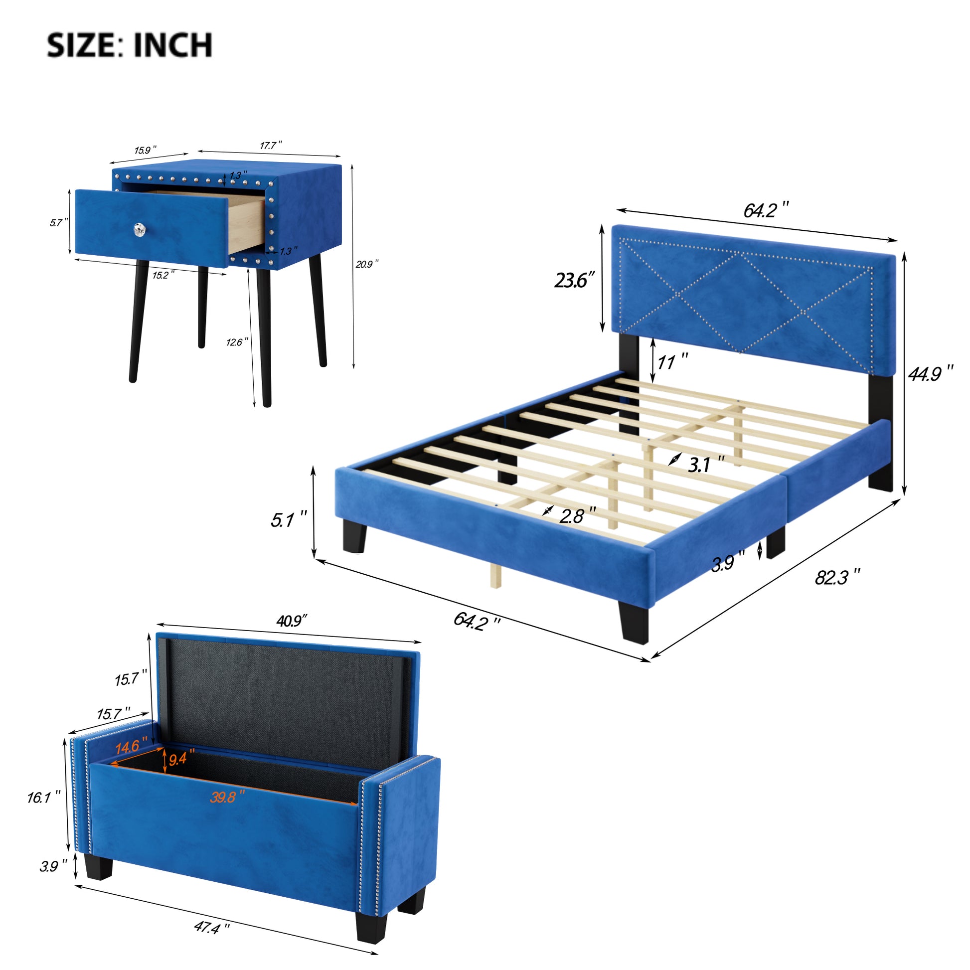 4 Pieces Bedroom Sets Queen Size Upholstered Bed Frame With Rivet Design,Nightstands And Tufted Storage Ottoman,Blue Box Spring Not Required Queen Blue 4 Piece Set Solid Wood Mdf