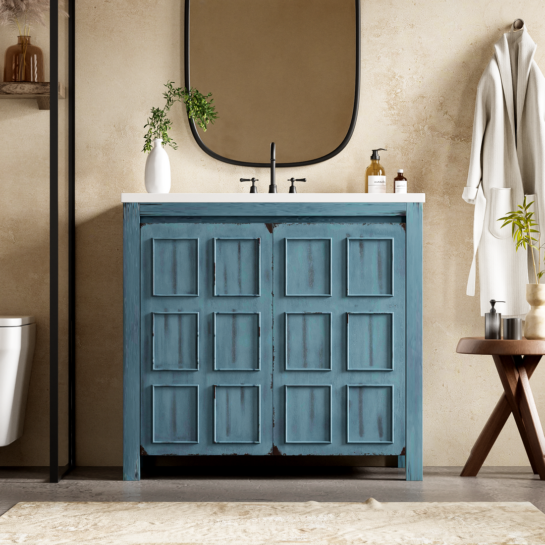 36" Bathroom Vanity Organizer With Sink, Combo Cabinet Set, Bathroom Storage Cabinet, Retro Lue Retro Blue Solid Wood Mdf Resin