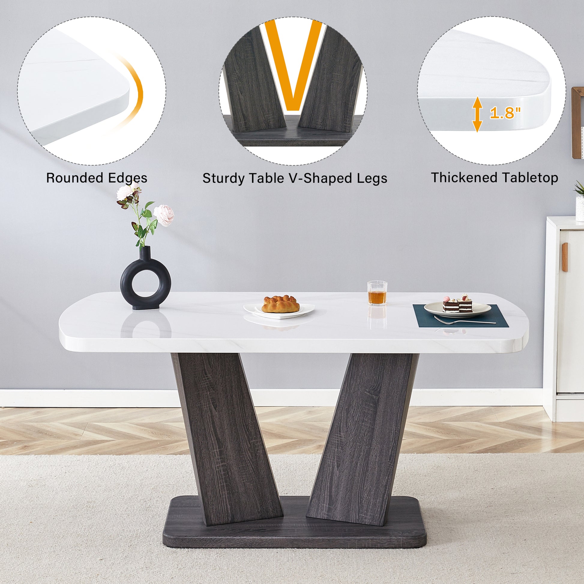 Dining Table Set For 6, 7 Piece Kitchen Table Chairs Set, 1.8" Thickness Tabletop And V Shaped Table Legs, Modern Dining Room Set With 63 Inch Dinner Table And 6 Upholstered Chairs For Dining Room Wood Grey White Dining Room Classic,Mid Century