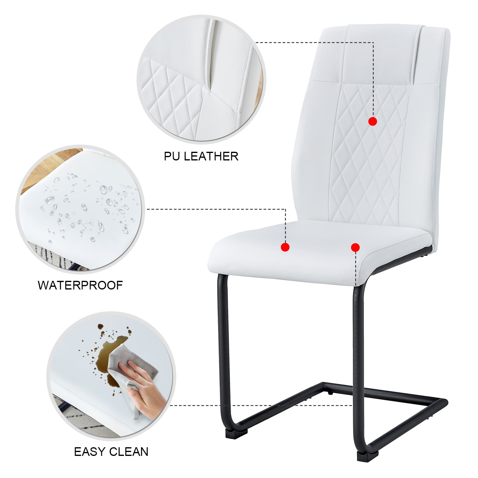 Table And Chair Set. Large Modern White Imitation Marble Patterned Round Table With Black Metal Legs. Nice Minimalism, Comfortable Seats And Black Metal Legs. White Black Seats 4 Glass Metal