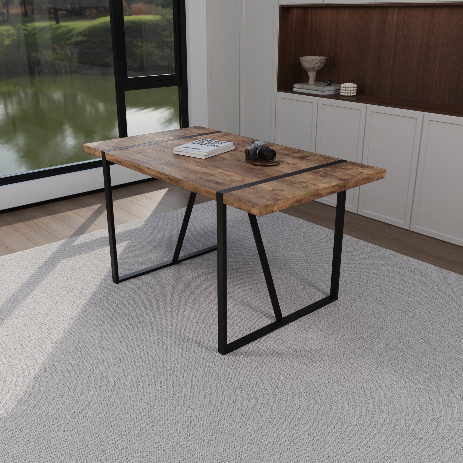 55 "Rural Industrial Rectangular Mdf Dark Wood Dining Table, 4 6 People, 1.5" Thick Engineering Wood Tabletop And Black Rectangular Metal Legs, Used For Writing Desk, Kitchen, Terrace, Dining Room Wood Kitchen Mdf