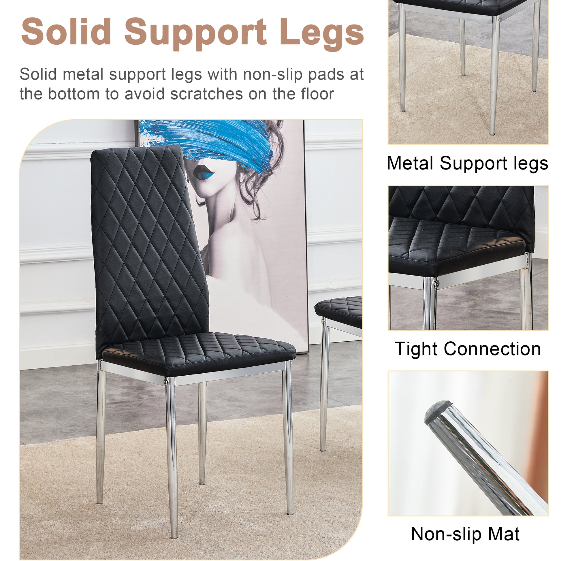 Table And Chair Set.Large Modern Rectangular Table With Brown Glass Top And Silver Metal Legs. Paired With 6 Black Chairs With Checkered Armless High Back Pu Cushion And Silver Metal Legs. Black,Silver Seats 6 Glass Metal