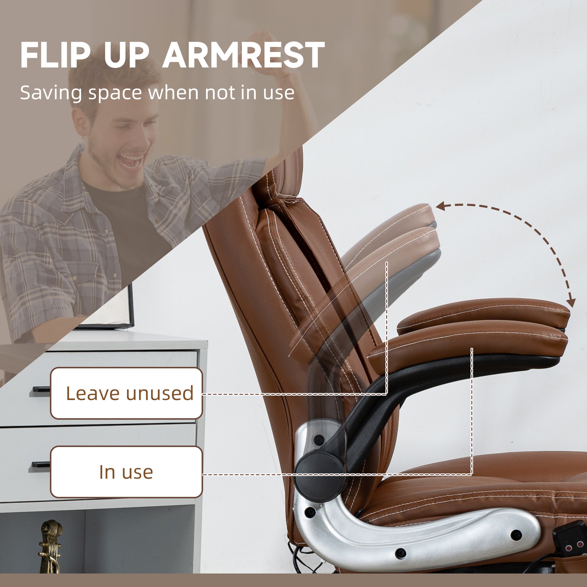 Vinsetto Executive Massage Office Chair With 6 Vibration Points, Heated Faux Leather Computer Desk Chair With Flip Up Armrest, Adjustable Height, Swivel Wheel, Brown Brown Leather