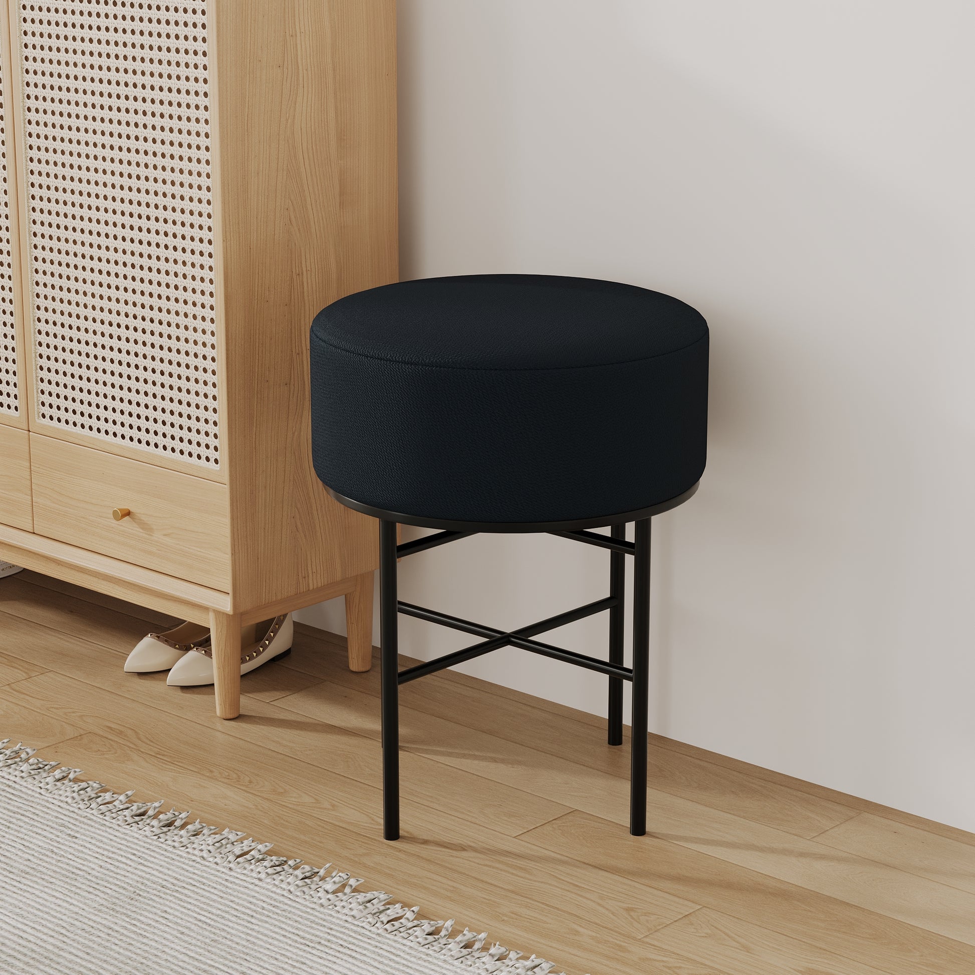 2 Pcs Round Cushioned Vanity Stool, Linen Upholstered Vanity Stool For Makeup Room, Modern Soft Stool For Bar And Dining, Ottoman Footrest Stool With Metal Legs For Living Room, Bedroom Black Black Vanity Stools Bedroom Round Minimalist,Modern Stackable