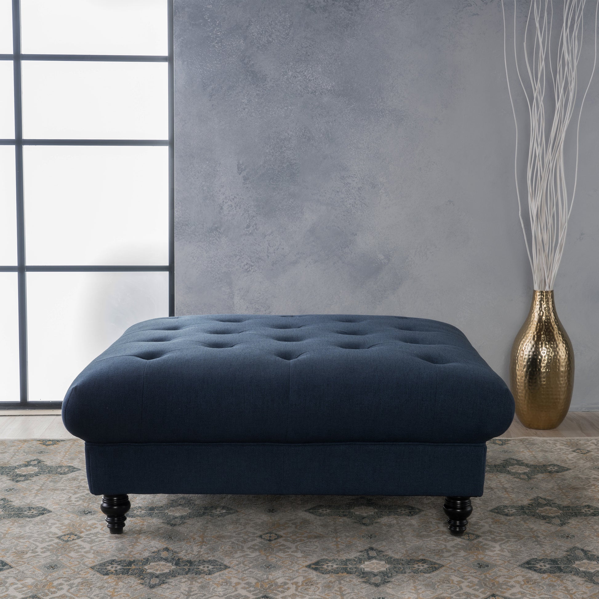 Madrid Kd Tufted Ottoman Navy Blue Fabric