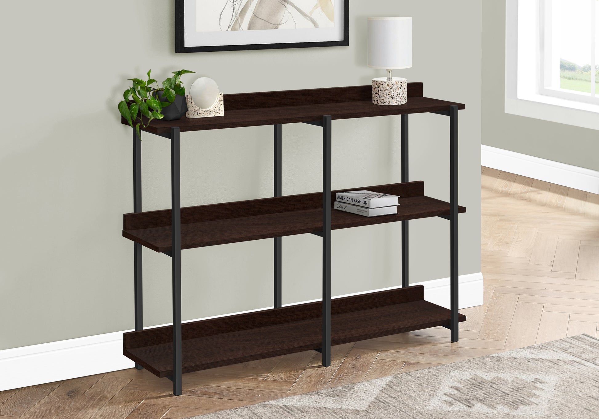 Accent Table, Console, Entryway, Narrow, Sofa, Living Room, Bedroom, Brown Laminate, Black Metal, Contemporary, Modern Espresso Particle Board