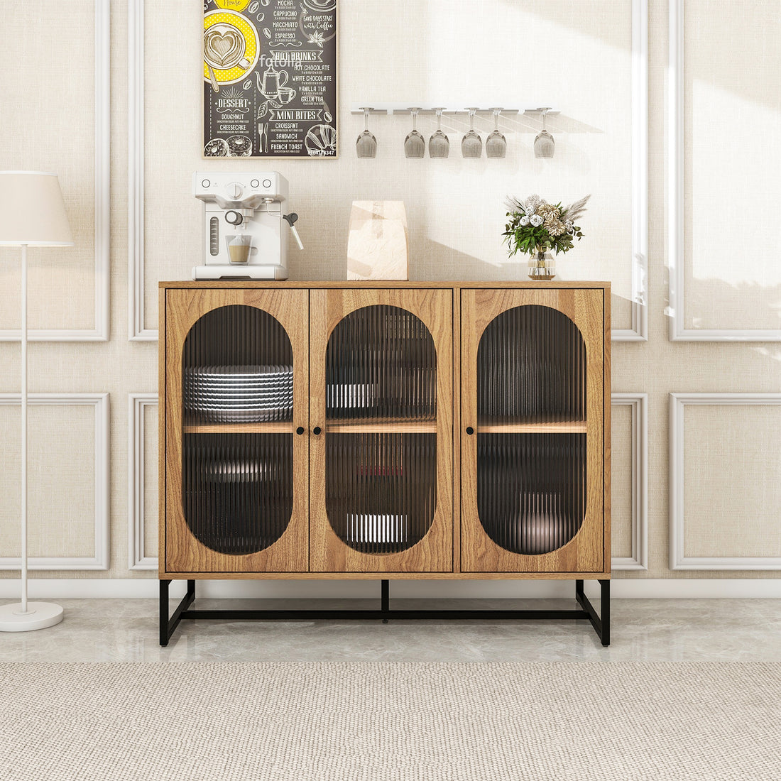 Storage Cabinet With Glass Door, Sideboard Buffet Cabinet For Kitchen,Dining Room, Walnutcolor Natural Particle Board