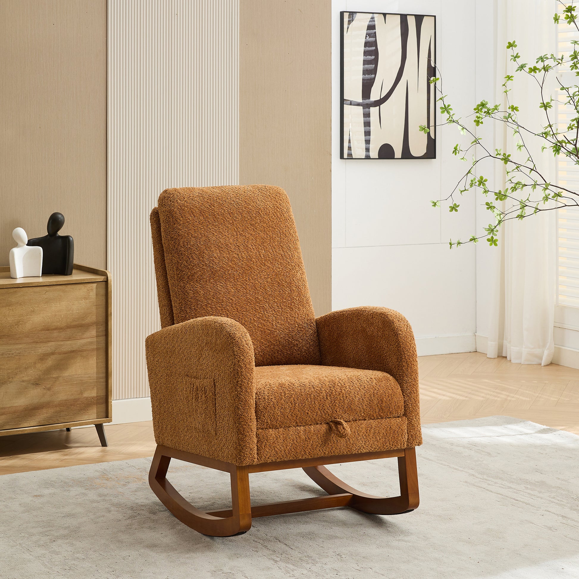 25.4"W Rocking Chair For Nursery, High Back Glider Chair With Retractable Footrest, Side Pocket, Rocking Accent Armchair With Rubber Wood Legs For Living Room Bedroom.Caramel Caramel Boucle