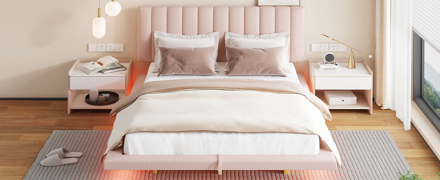 Queen Size Upholstered Floating Bed With Led Light And Usb Port, Velvet, Pink, Hydrualic Platform Bed Queen Pink Velvet
