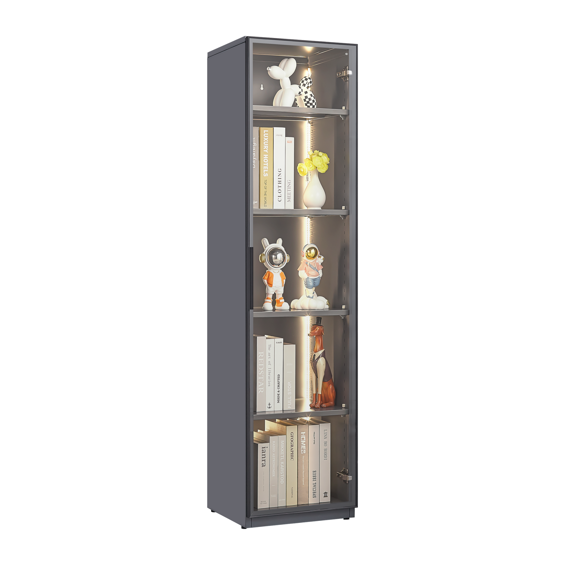 Single Glass Door Metal Storage Cabinet For Storing Photo Frames, Models, Handicrafts Display Cabinets With Removable Dividers And Led Light Strips, Suitable For Living Room, Study, And Other Places. Filing Cabinets 3 4 Shelves Gray Primary Living Space