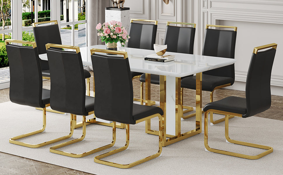 Table And Chair Set.67"X36" White Marble Pattern Mdf Dining Table Set With 8 Black Pu Chairs.Mdf Sticker,White Marble Pattern Sticker,Gold C Tube Chair Legs,Suitable For Kitchen,Dining Room,Etc.