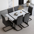 Table And Chair Set.A Modern Minimalist White Marble Veined Mdf Dining Table With Black Metal Frame.Paried With 6 Chairs With Pu Cushions And C Tube Black Metal Legs. White Black Seats 6 Mdf Metal