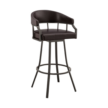 Mayla 30 Inch Swivel Bar Stool, Metal Flared Legs, Brown Faux Leather Brown Fabric Metal