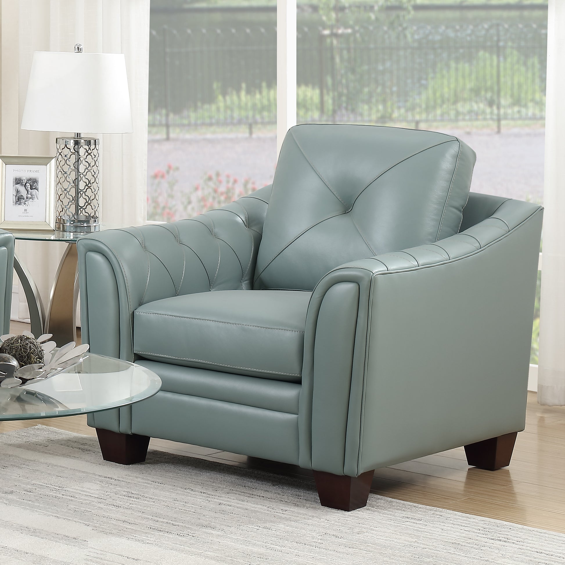 Modern Tufted Leather Chair Seafoam Leather