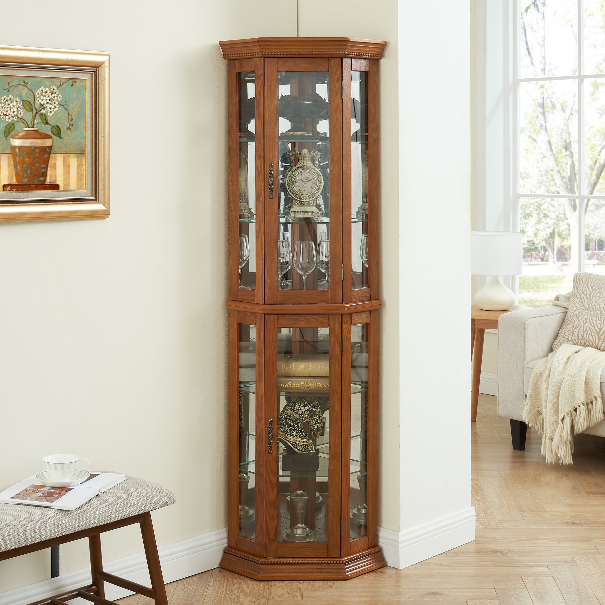 Corner Curio Cabinet Lighted Corner Display, Glass Display Shelf Shelving Bar Cabinet With Tempered Glass Door, Bar Cabinet,Cabinet With Adjustable Shelf Glass Cabinet Shelves Bead Bulb Included Oak Oak Mdf Glass