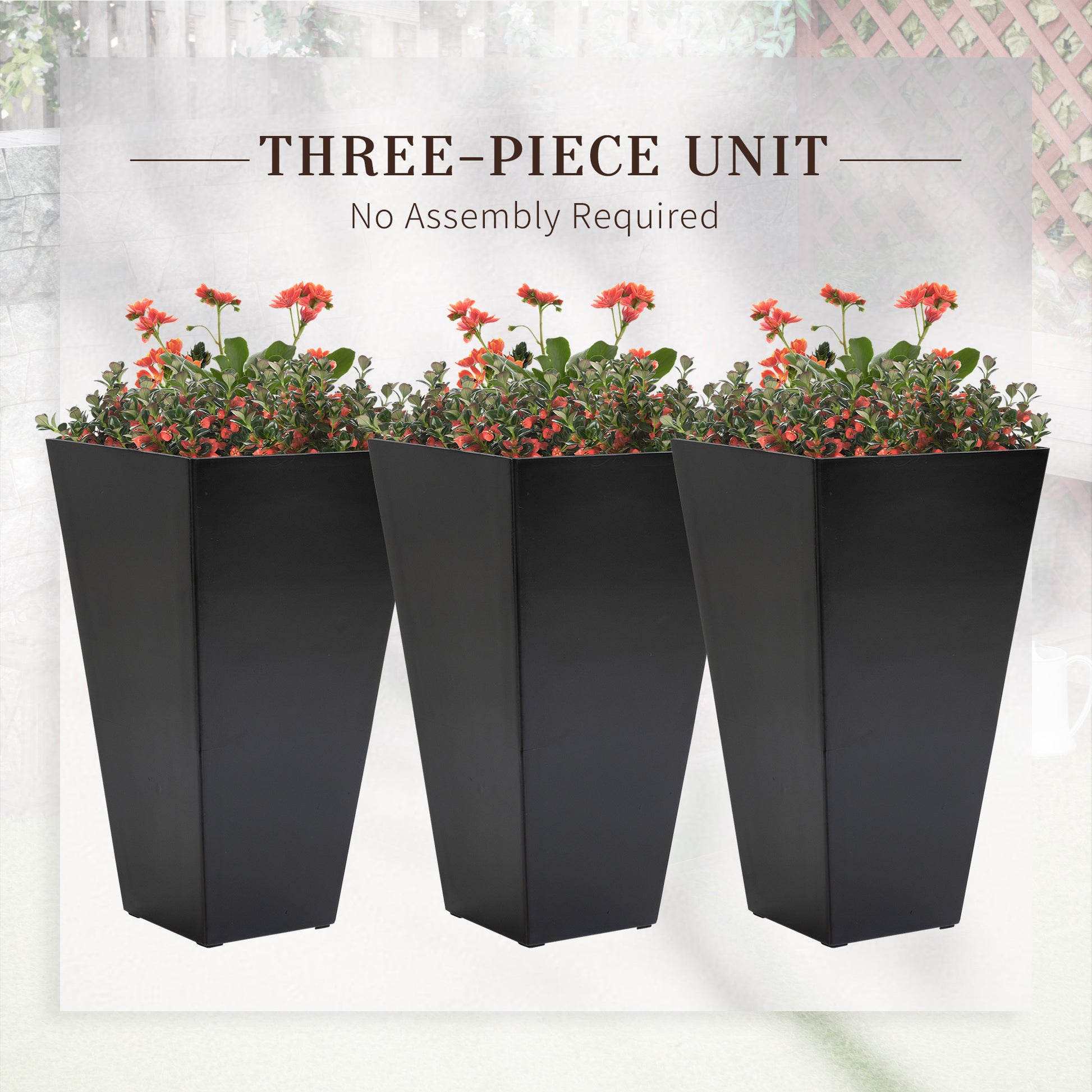 Outsunny Set Of 3 Tall Planters With Drainage Hole, 28" Outdoor Flower Pots, Indoor Planters For Porch Patio And Deck, Black Black Polypropylene