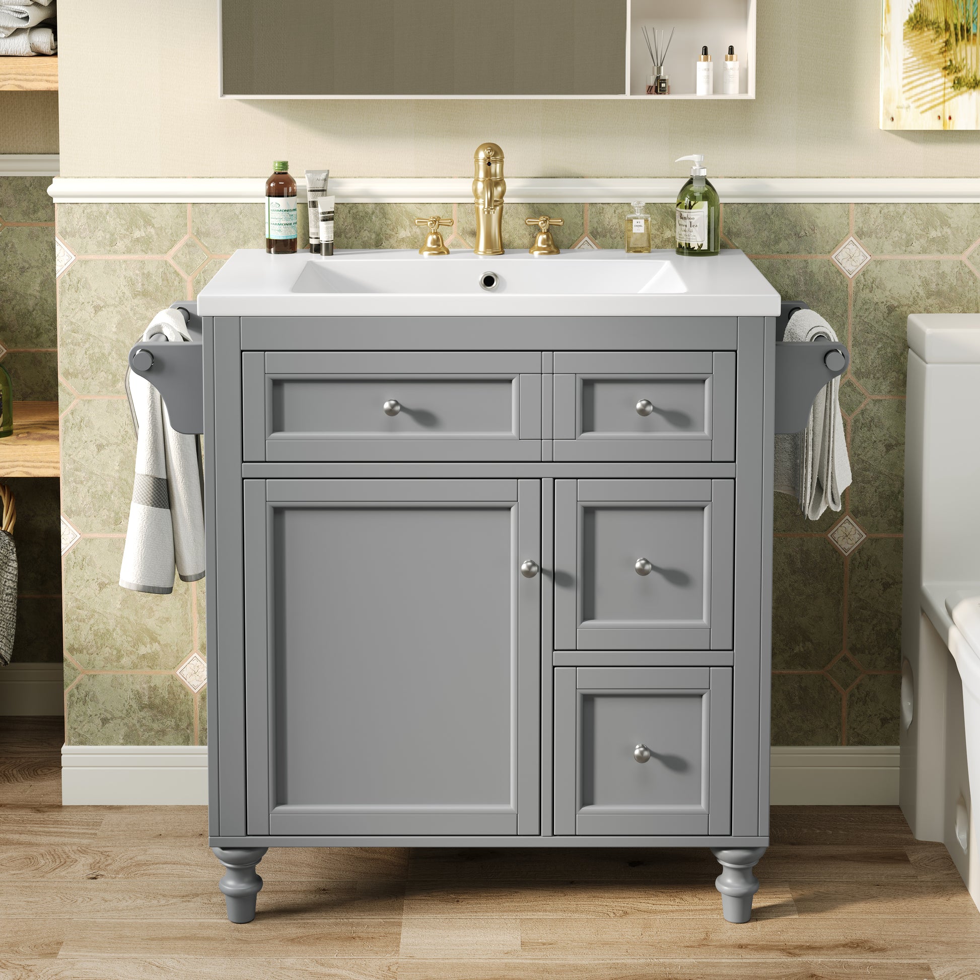 30'' Bathroom Vanity With Top Sink, Modern Bathroom Storage Cabinet With 2 Drawers And A Tip Out Drawer, Single Sink Bathroom Vanity Same As Sw000143Aae Grey Bathroom Modern Solid Wood Mdf Resin