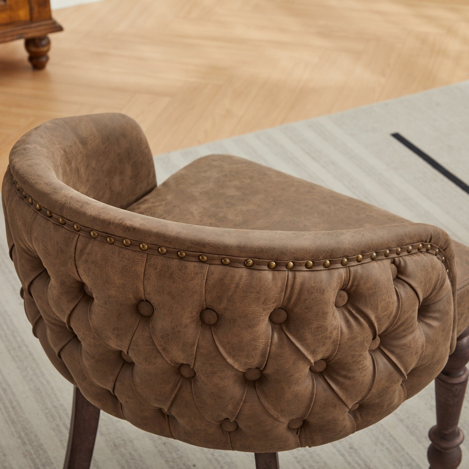 Hand Pulled Buckle Decoration Pu Dining Chair,Accent Leisure Chair, Mid Century Modern Arm Chair With Solid Wood Armrests And Legs, 1 Seat Cushioned Sofa For Living Room Bedroom,Brown Color,Sw1865Br Brown American Design Rubberwood Foam Pu