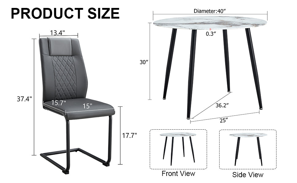 Table And Chair Set. Large Modern White Imitation Marble Patterned Round Table With Black Metal Legs. Nice Minimalism, Comfortable Seats And Black Metal Legs. White Gray Seats 4 Glass Metal