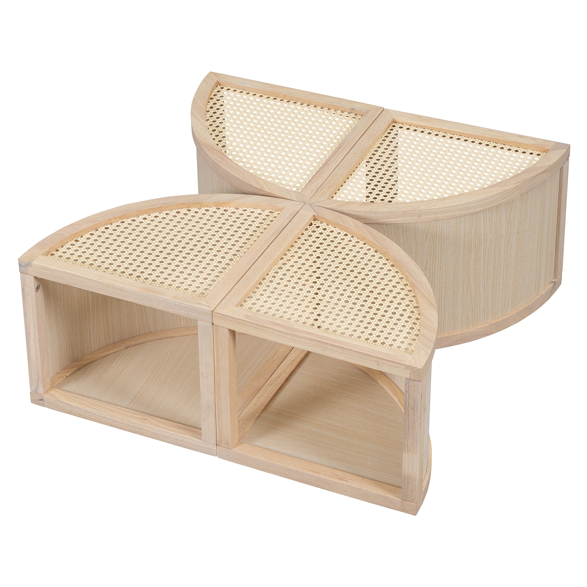 Round To Square Block Modular Coffee Table Light Natural Rattan With Storage 4 Piece Light Natural Rubber Wood