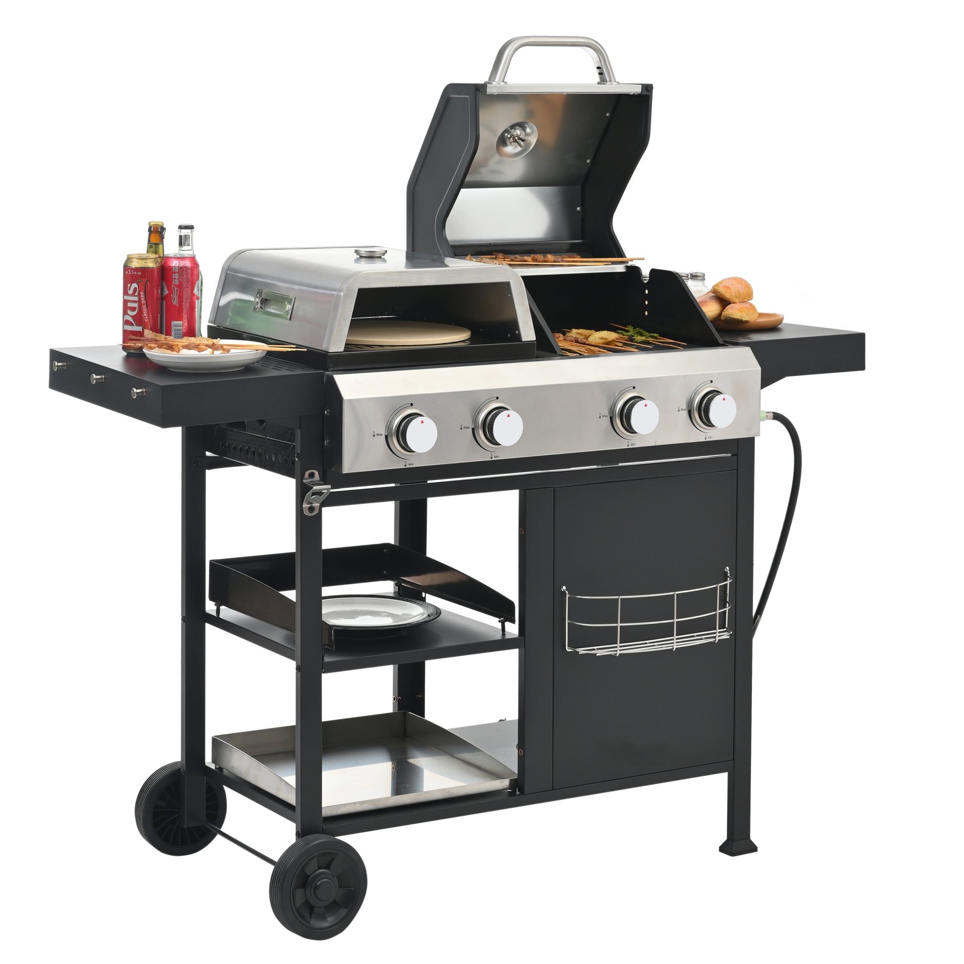 2 2 Multi Function Burner Gas Grill And Griddle Combo With Cover For Outdoor Cooking While Camping Or Tailgating Bbq,Frying,Pizza. Black And Silver Stainless Steel