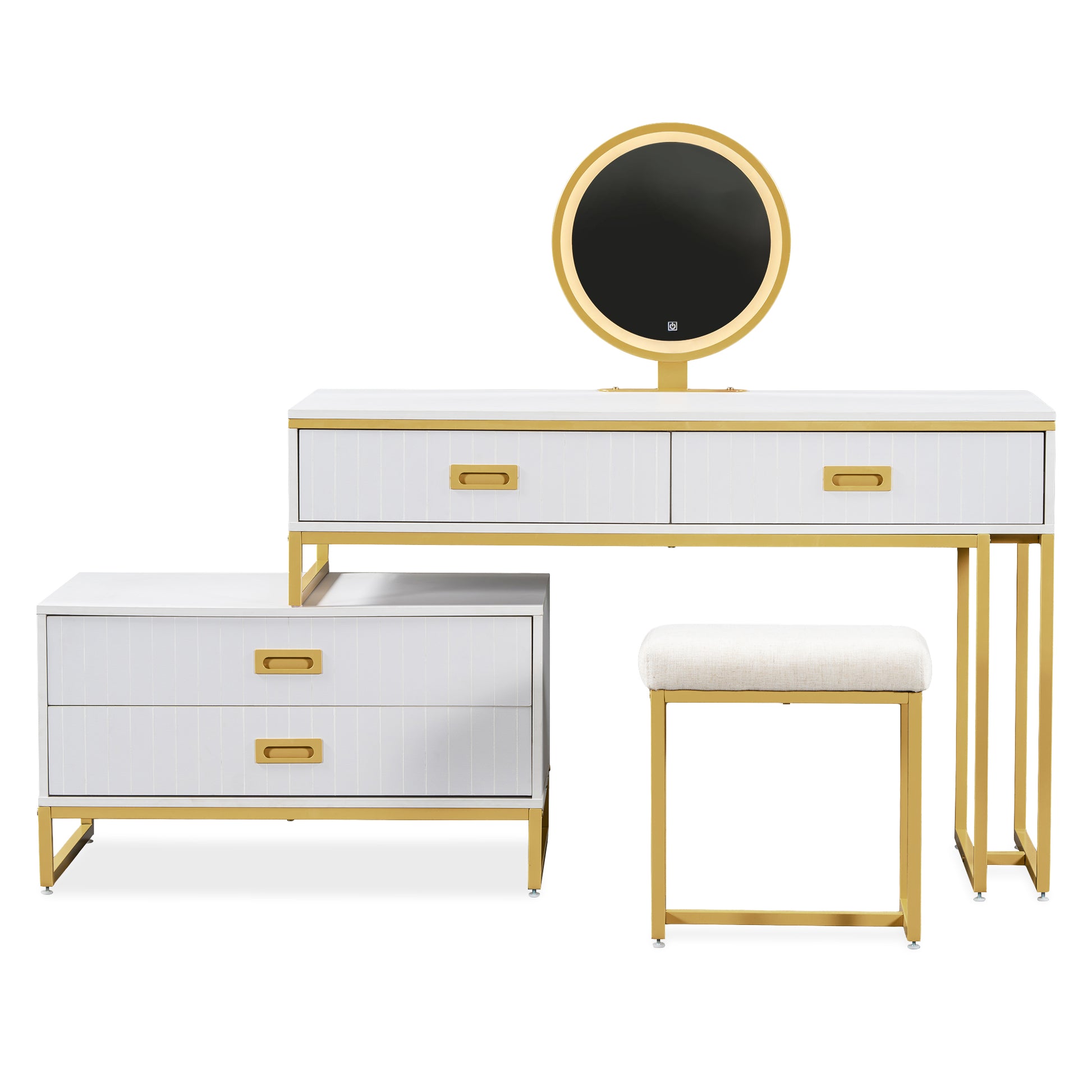 Modern Style Vanity Table With Movable Side Cabinet And 4 Drawers, Large Size Dressing Table With Mirror And 3 Colors Led Light, Makeup Table With Stool, White, Lden Legs Gold White 4 Drawers Mdf Metal