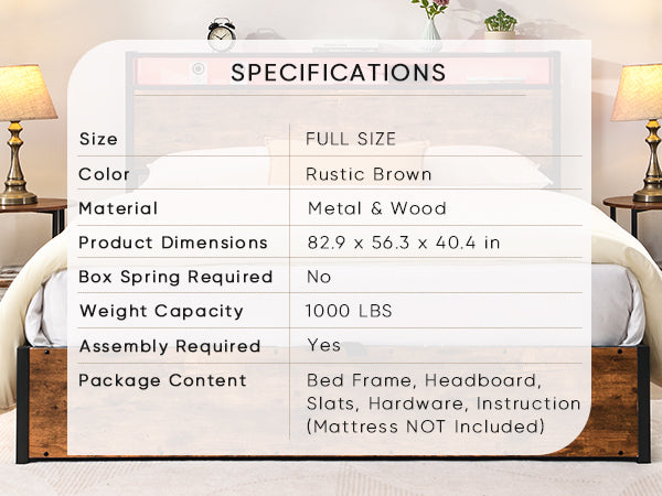 Lift Up Storage Bed Frame, Full Size Bed Frame With Bookcase Headboard & Led Lights, Wooden Platform Bed Frame With Charging Station, No Spring Box Needed, Rustic Brown Box Spring Not Required Full Rustic Brown Metal Brown Bedroom Industrial Bed Frame