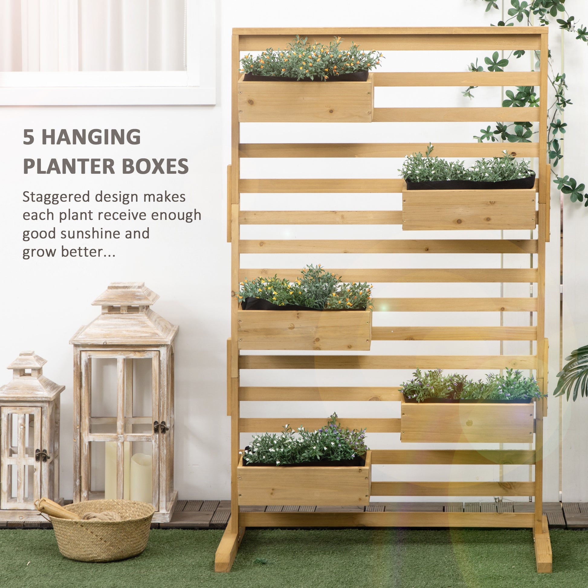 patio hanging planter box Outsunny Wooden Plant Trellis Stand With 5 Hanging Planter Boxes, Free