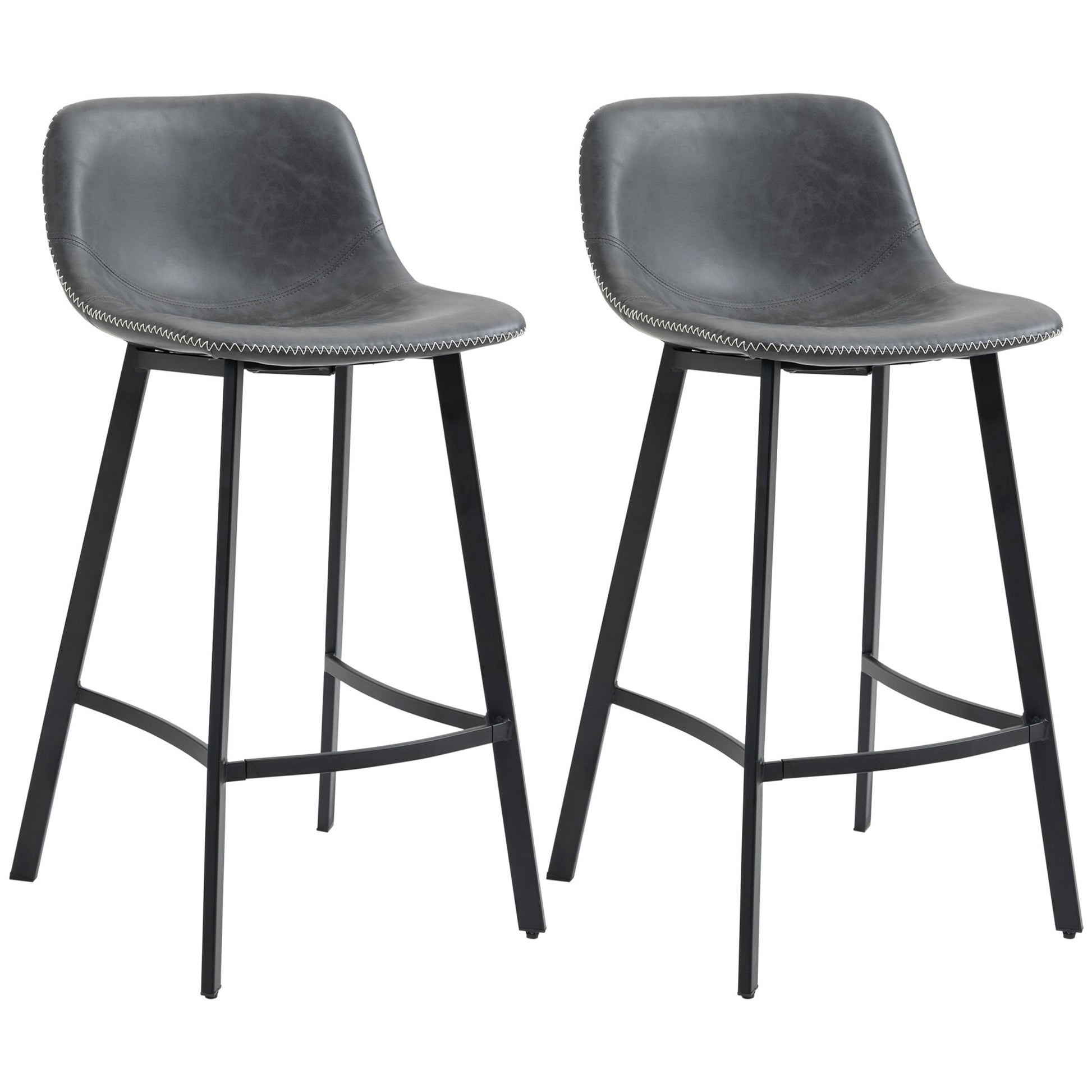 Homcom 27.25" Counter Height Bar Stools, Industrial Kitchen Stools, Upholstered Armless Bar Chairs With Back, Steel Legs, Set Of 2, Gray Grey Steel