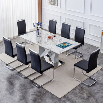 1 Table And 8 Chairs Set.Modern Grey Mdf Faux Marble Dining Table With Double V Shaped Supports.Paired With 8 Modern Pu Artificial Leather Soft Cushion With Silver Metal Legs.F Vv,C 1162 Gray Seats 8 Mdf Metal