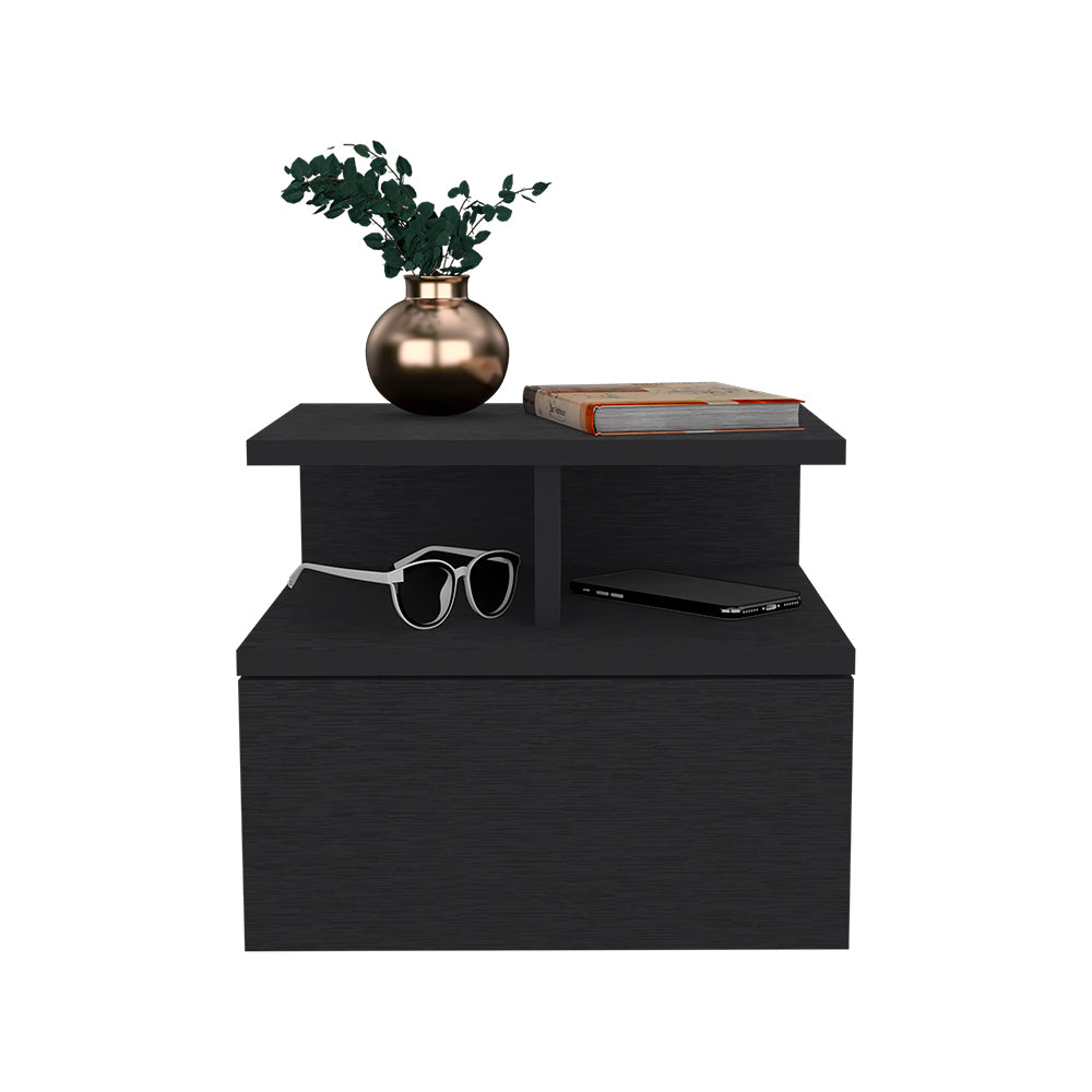 Floating Nightstand Flopini, One Drawer, Black Wengue Finish Black Particle Board