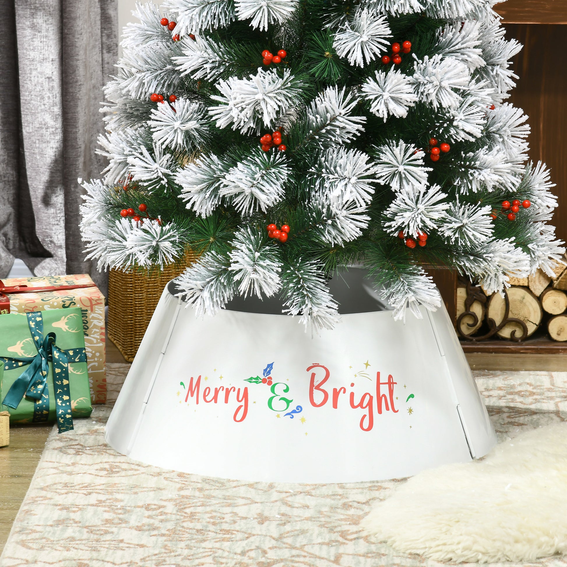 Homcom 26 Inch Christmas Tree Collar Ring, Stand Cover For Decor, White Cream White Metal