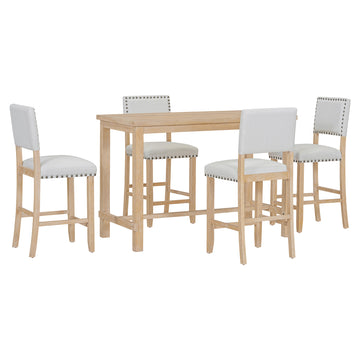 5 Piece Counter Height Dining Set, Classic Elegant Table And 4 Chairs In Natural Wood Wash Natural Wood Wash Solid Wood