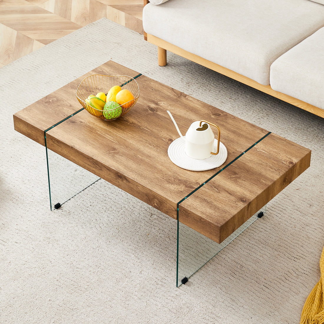 43.3"X23.6" Wood Colored Texture Sticker Mdf Coffee Table With Tempered Glass Legs.Suitable For Living Room.It Can Be Used Not Only As A Coffee Table But Also As A Side Table Or Display Stand. Wood