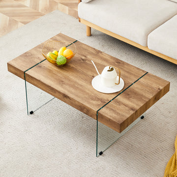 43.3"X23.6" Wood Colored Texture Sticker Mdf Coffee Table With Tempered Glass Legs.Suitable For Living Room.It Can Be Used Not Only As A Coffee Table But Also As A Side Table Or Display Stand. Wood