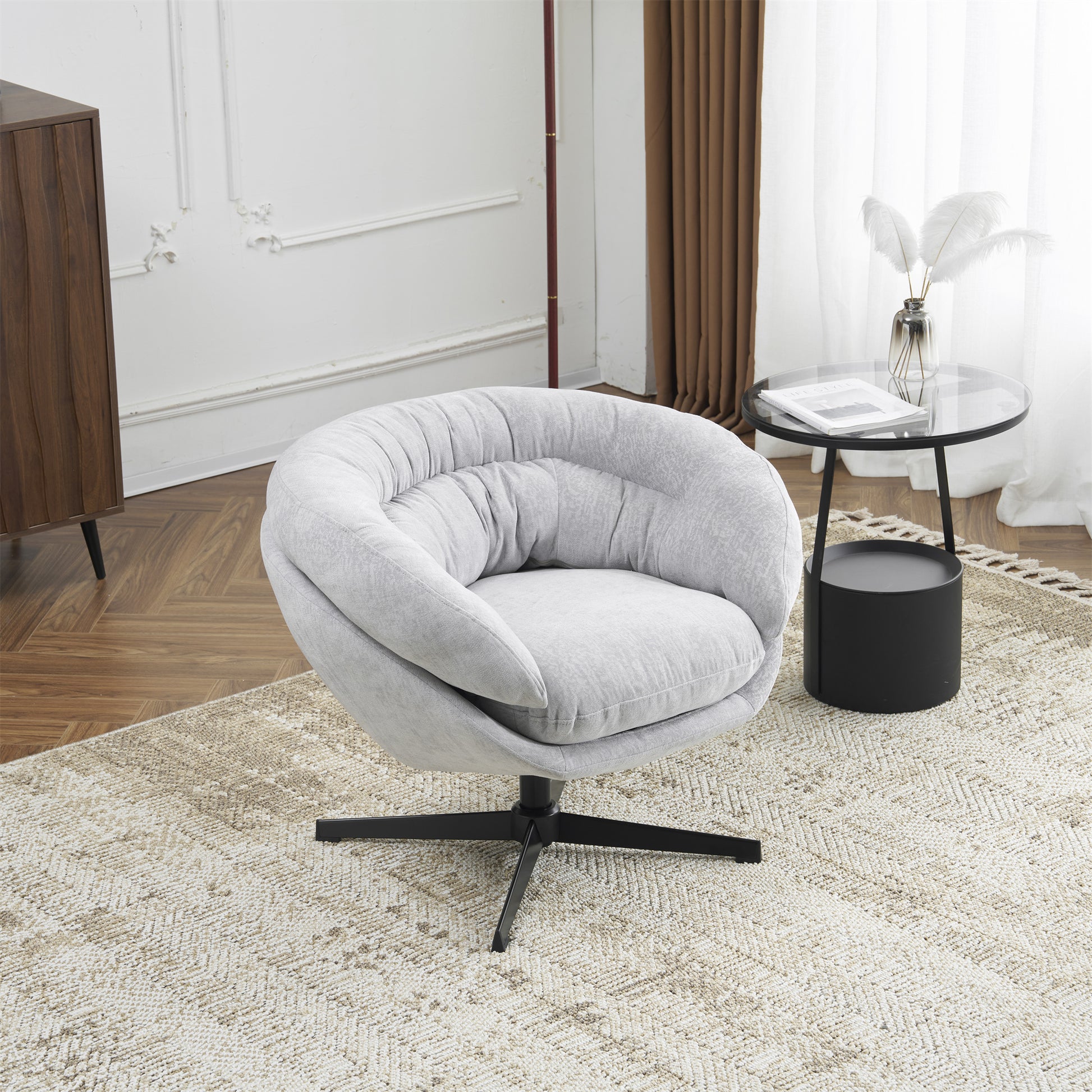 Comfy Chenille Upholstered 360 Swivel Club Chair Accent Chair With Removable Cushion, Round Office Chair With Black Metal Base, Cotton Material, Living Room, Bedroom, Reading Corner, Office Gray