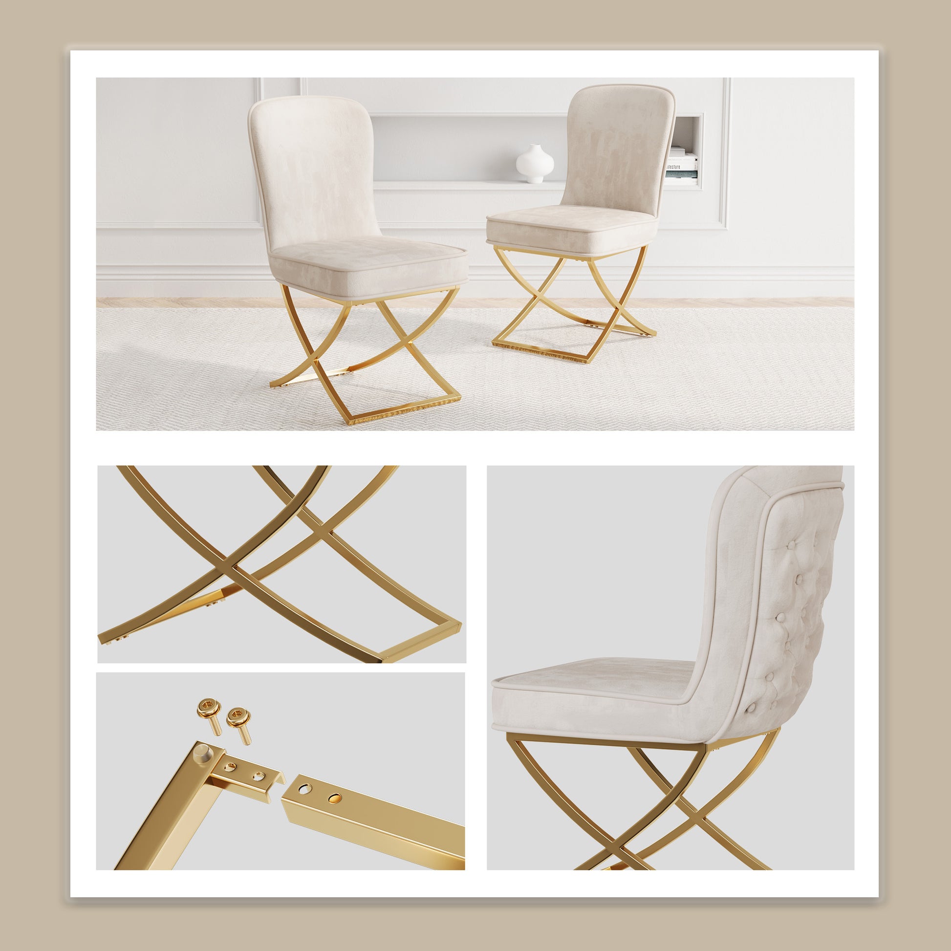 Dining Chair Set Of 2, Beige Velvet Backrest And Golden Metal Legs.For Modern Kitchen Dining Room Chair For Kitchen Living Modern Decorative Leisure Chairs.Office Chairs Y 2009 Beige Dining Room Modern Foam Velvet