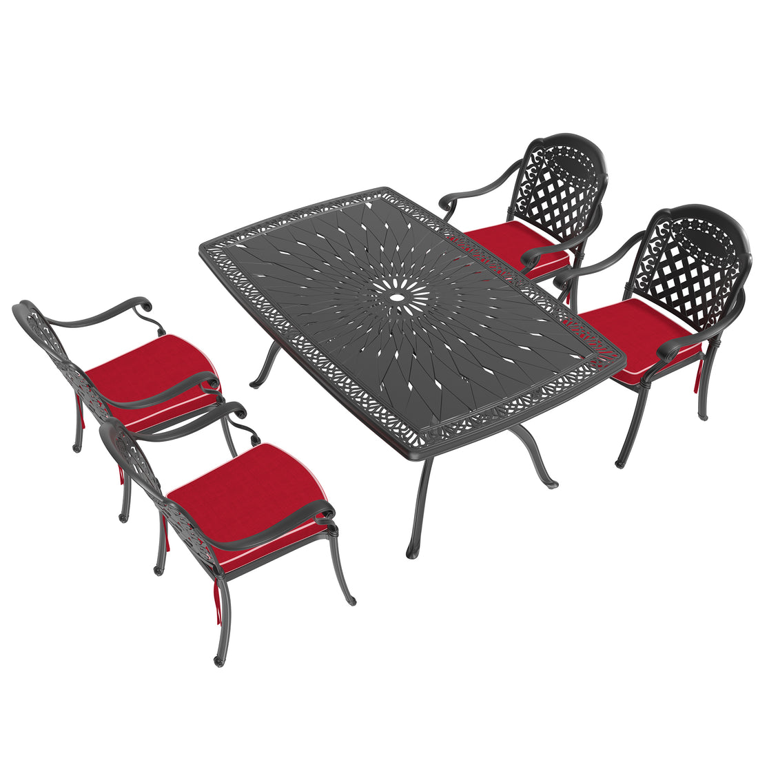 Cushions In Random Colors 5 Piece Set Of Cast Aluminum Patio Furniture With Cushions Yes Dining Set Black Seats 4 Rust Resistant Frame Water Resistant Cushion Garden & Outdoor Complete Patio Sets Aluminium