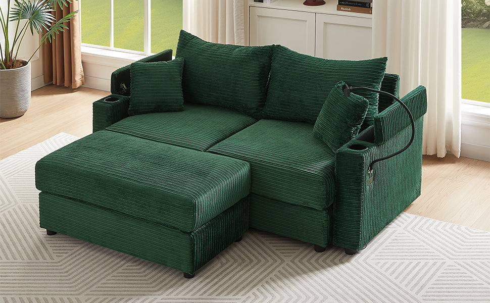 72.8" Modern Style Loveseat Sofa Sectional Sofa Couch With Storage Space, A Movable Ottoman, Two Usb Ports, Two Cup Holders, A Phone Holder For Living Room, Green Green Foam Corduroy 3 Seat