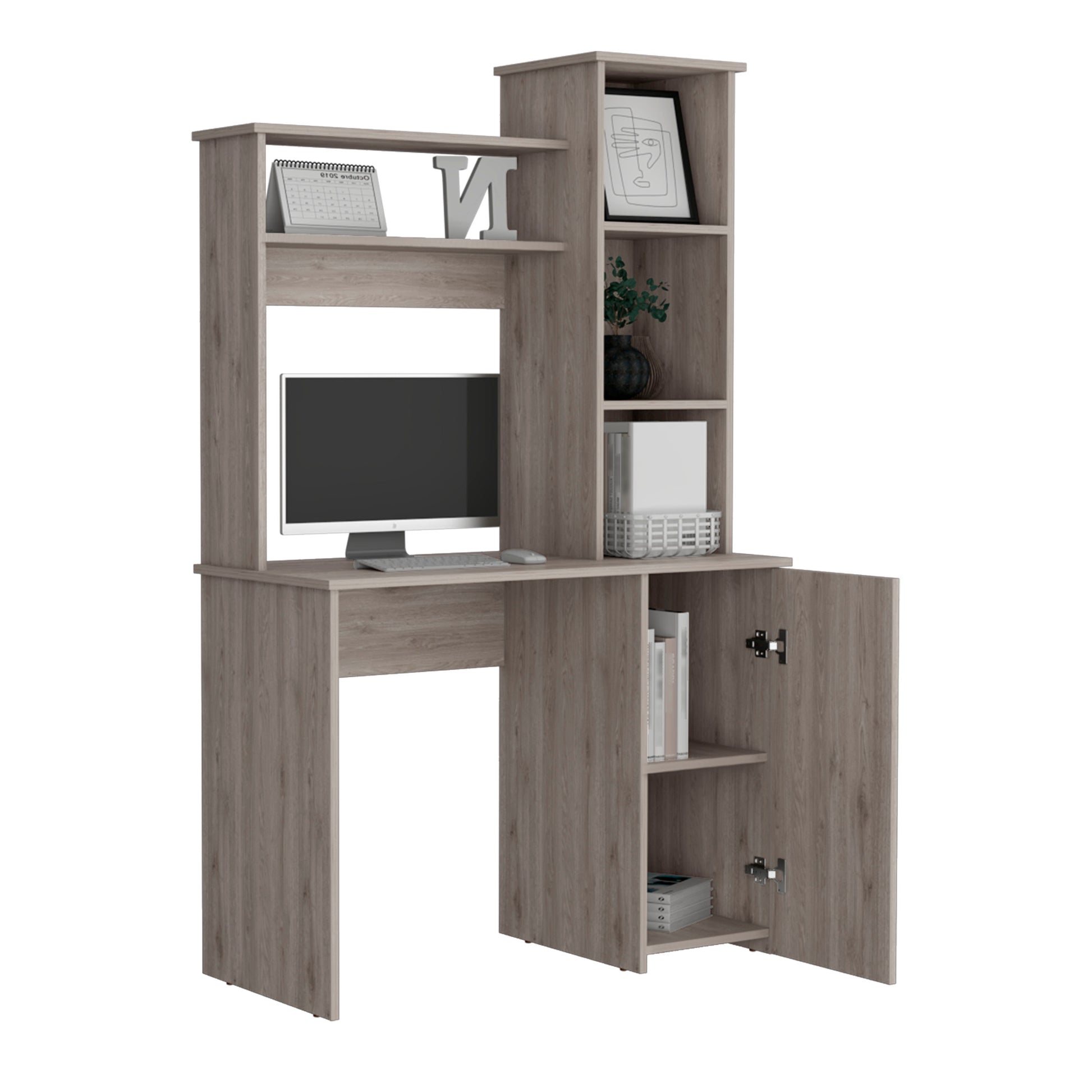 Carson Computer Desk With Hutch, Single Door Cabinet, Expansive Work Surface And 3 Tier Storage Shelves Grey Computer Desk Bedroom Modern Freestanding Rectangular Open Storage Desk Rectangular Particle Board Engineered Wood