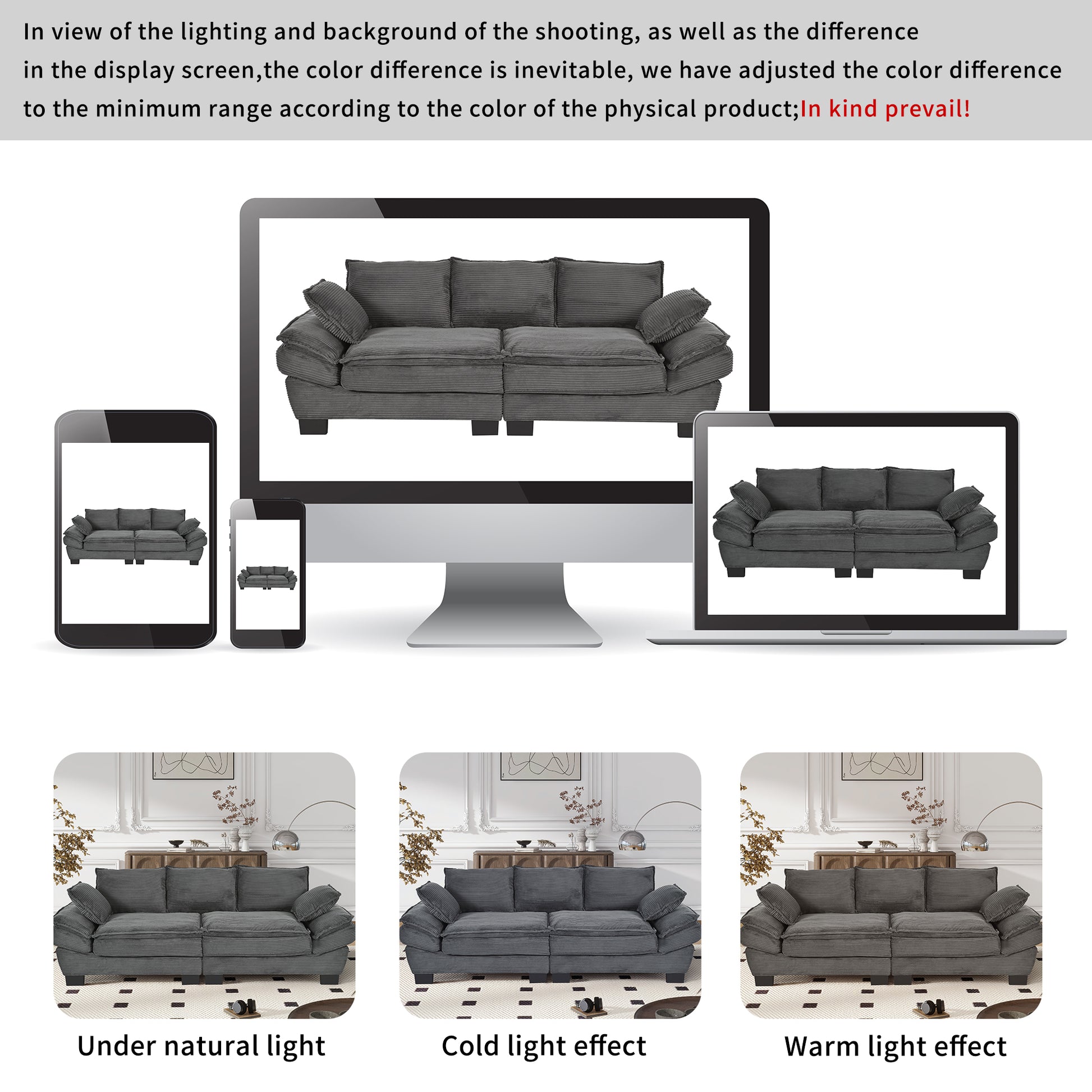 85.4" Modern Curved Sofa, Back Upholstered Couch With 2 Decorative Throw Pillows, Corduroy Fabric Couch For Living Room, Bedroomapartment Gray Corduroy 2 Seat